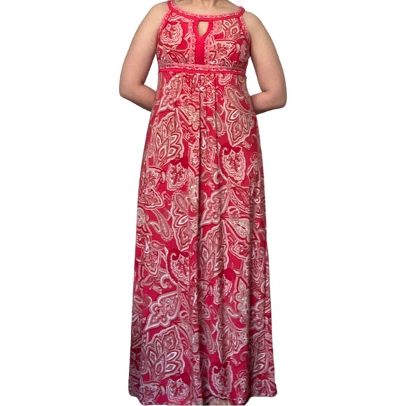 INC Women's Designer Red Floral Paisley Multicolor Sleeveless Halter Maxi Dress - Picture 2 of 5